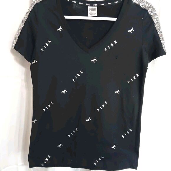 Victoria Secret Pink SZ XS. Black W/Silver Dogs & Logo. Sequin Accents - Picture 11 of 11